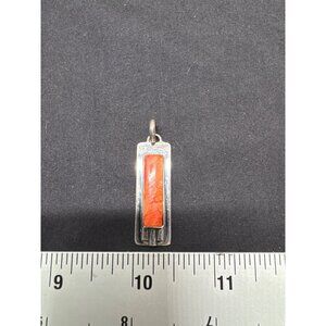 Sterling Silver & Red Coral Rectangle Pendant Modern Design Stamped 925 1.5" Lon